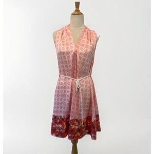 Peter Som Floral Print V‎ Neck Sleeveless Dress Tie Waist Belt Medium